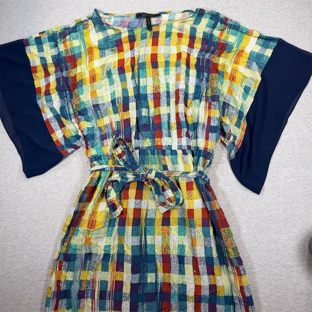 BCBGMAXAZRIA Dress Womens XS Multicolor Plaid Kimono‎ Sleeve Mini Tie Waist